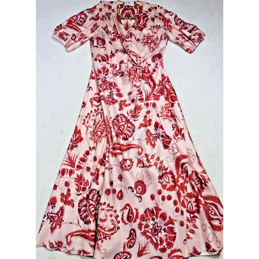 Etro Milano IT 48 US 12 Silk Faux Wrap Maxi Dress Pink Red Paisley Made in Italy